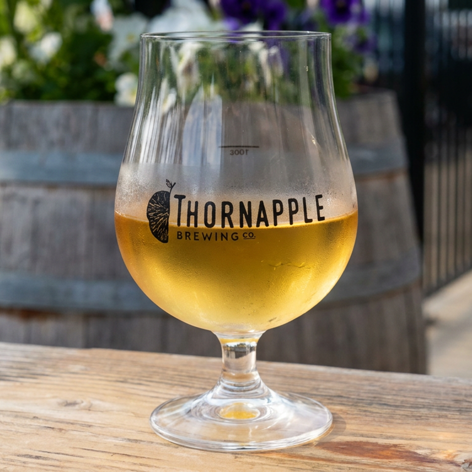 Golden beer fills a Thornapple Brewing Co. stemmed glass on a wooden patio table, with barrels and greenery behind it.