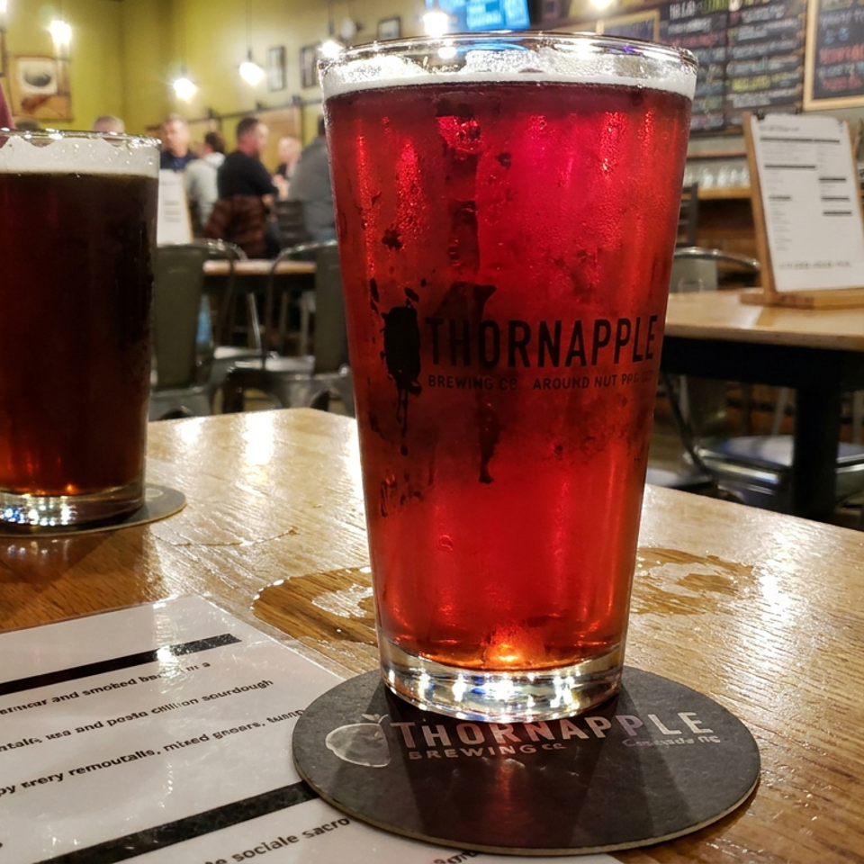 Two pints of beer sit on a wooden table inside Thornapple Brewing Co., with a menu and lively taproom visible behind them.