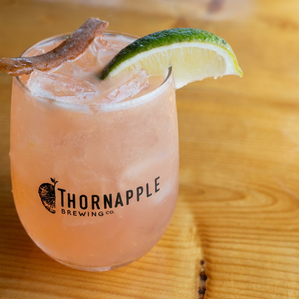 Pink iced cocktail in a Thornapple Brewing Co. glass, garnished with lime and dried fruit on a wooden table.