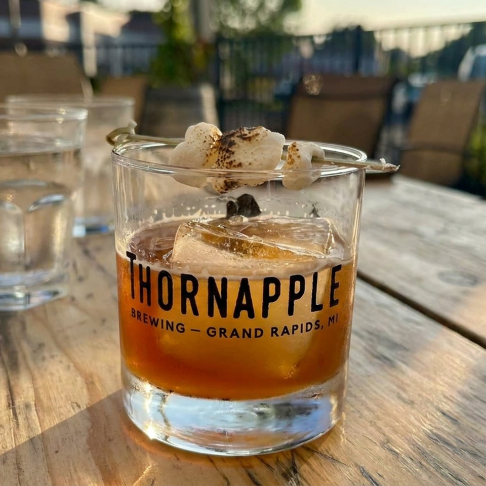 Thornapple Brewing cocktail topped with toasted marshmallows sits on a wooden patio table beside a glass of water.